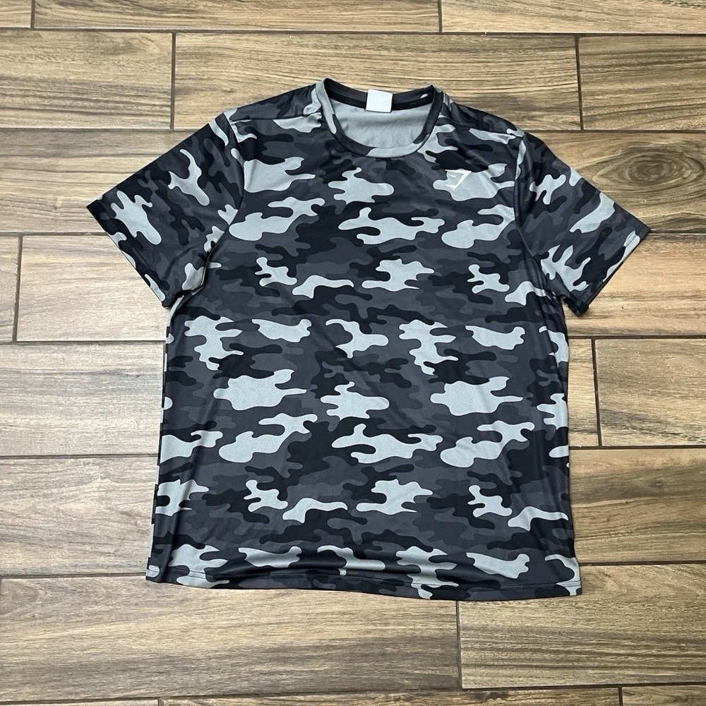 Gymshark Mens Camo Performance Athletic Gym Training T-Shirt Black Grey XL